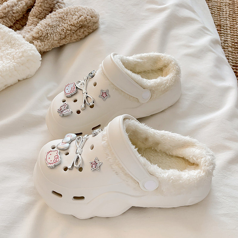 踩屎感加绒洞洞鞋女款2026新款冬季外穿厚底防滑增高包跟棉拖鞋女