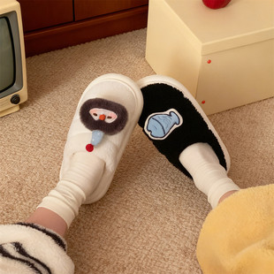 冬季 男女士居家可爱羊羔毛防滑月子鞋 趣味企鹅小鱼舒适情侣棉拖鞋