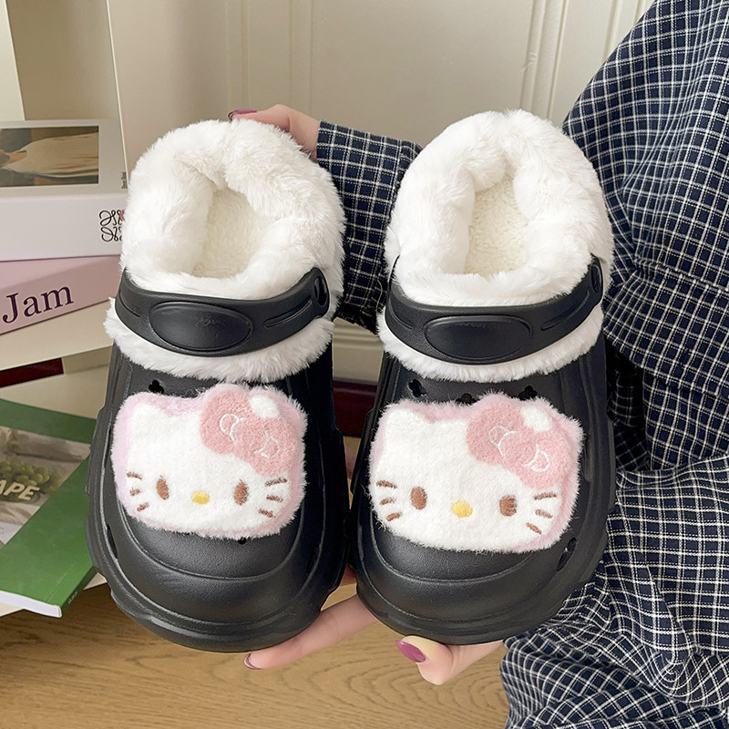 可爱KT猫儿童洞洞鞋女童冬季舒适加绒保暖居家室内新款棉拖鞋女款