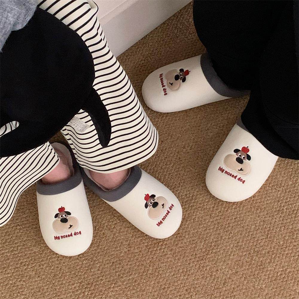 情侣趣味平底居家鞋休闲防滑可爱日系刺绣小狗秋冬季棉拖鞋男女士