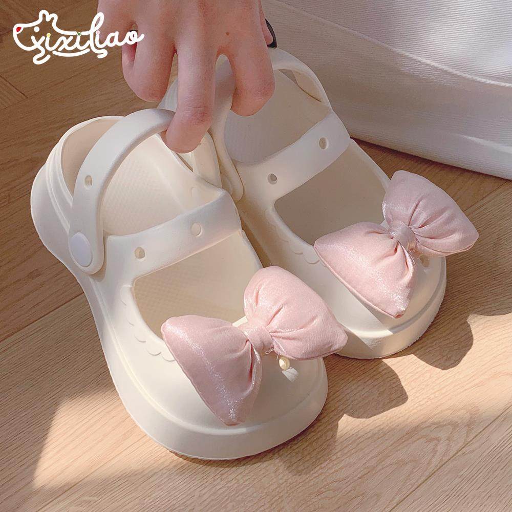 海边度假儿童玛丽珍凉鞋夏季仙女风粉色蝴蝶结女童厚底包头洞洞鞋