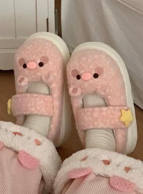 魔术贴软萌小猪玛丽珍豆豆鞋学生lo鞋百搭保暖厚底防滑棉鞋女士冬