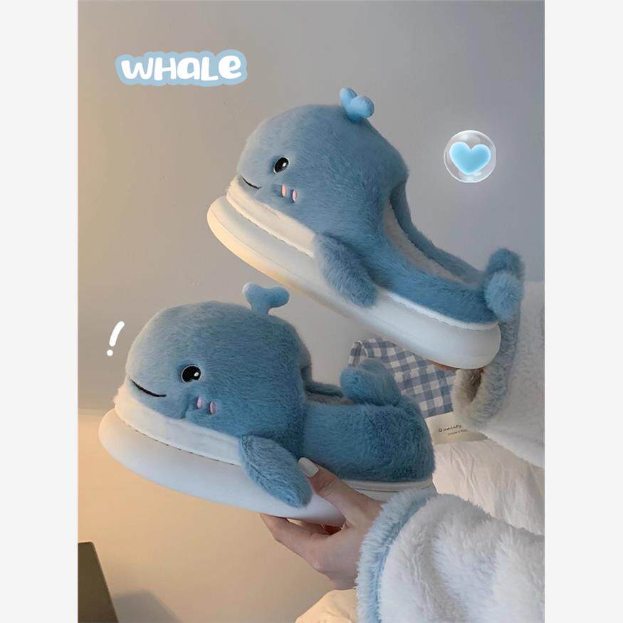 亲子可爱小鲸鱼毛毛鞋全包跟保暖防滑冬季时尚软底居家棉拖鞋男女