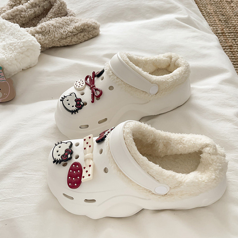 可拆卸加绒厚底洞洞鞋女冬季2026新款厚底增高外穿毛绒包头棉拖鞋