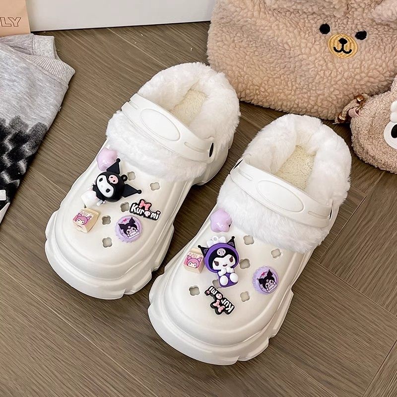 2026新款加绒洞洞鞋女外穿冬季厚底增高保暖可拆卸毛绒棉拖鞋冬天