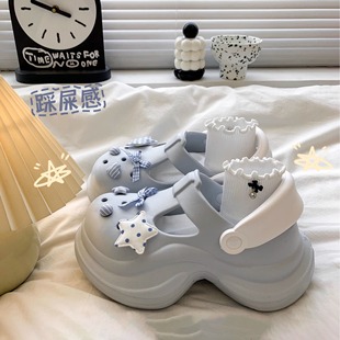 厚底增高洞洞鞋 女夏季 时尚 珍珠水钻外穿沙滩防滑踩屎感包头凉拖鞋
