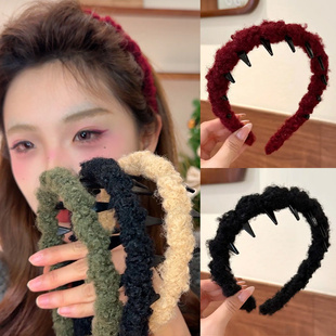 红色毛绒带齿波浪发箍女氛围感高颅顶毛线头箍洗脸化妆防滑压发卡