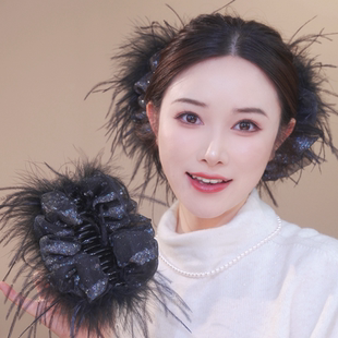 时尚云朵蝴蝶结羽毛抓夹女公主头发夹饱满后脑勺盘发鲨鱼夹子发饰