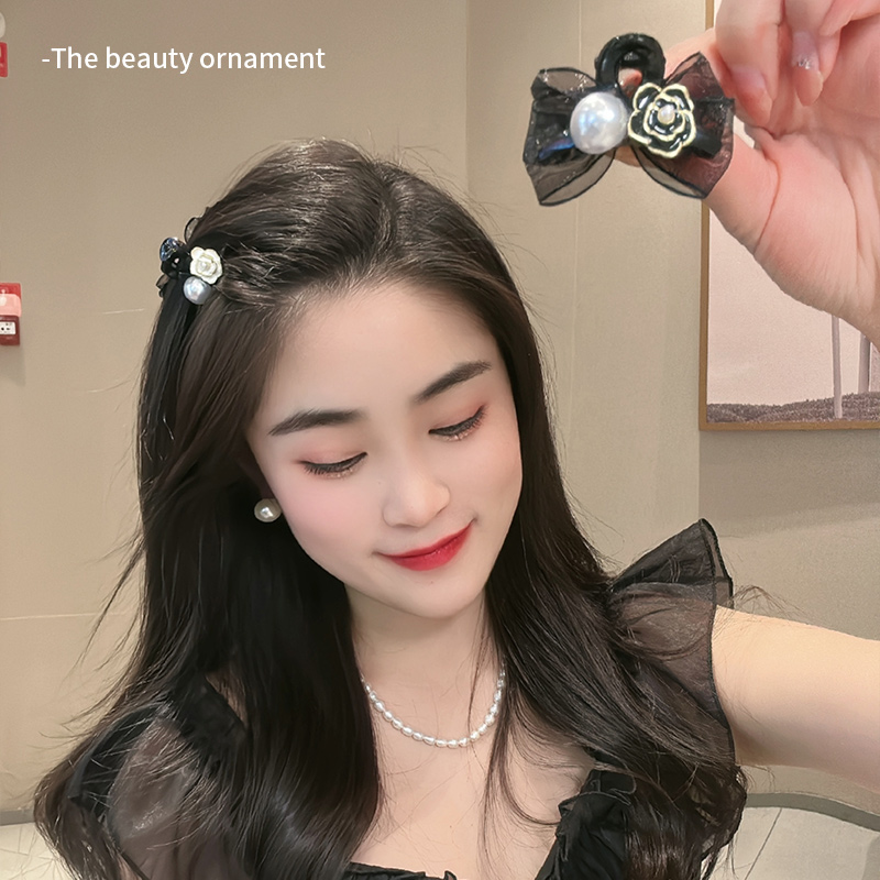 复古山茶花网纱蝴蝶结公主头发夹