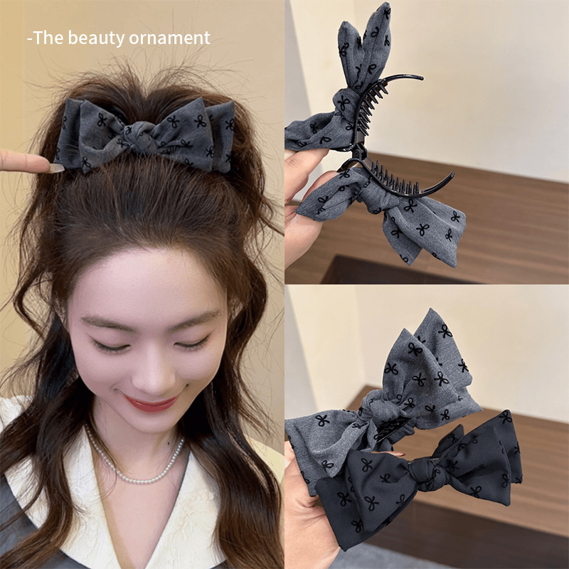 格雷系缎面灰色蝴蝶结丸子头抓夹女后脑勺高马尾盘发夹固定鲨鱼夹
