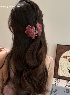 新中式国风手工干枯玫瑰发夹头饰2024新款花朵抓夹女高级感鲨鱼夹
