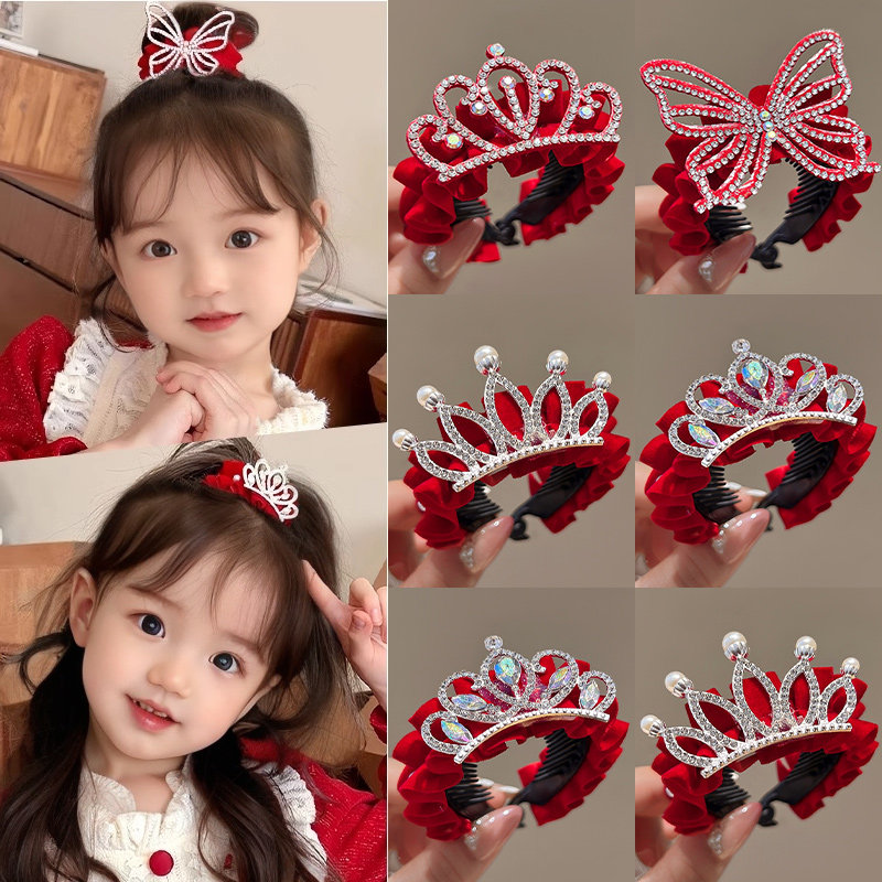 新年儿童皇冠红色丸子头发夹女小女孩过年氛围感马尾扣本命年发卡