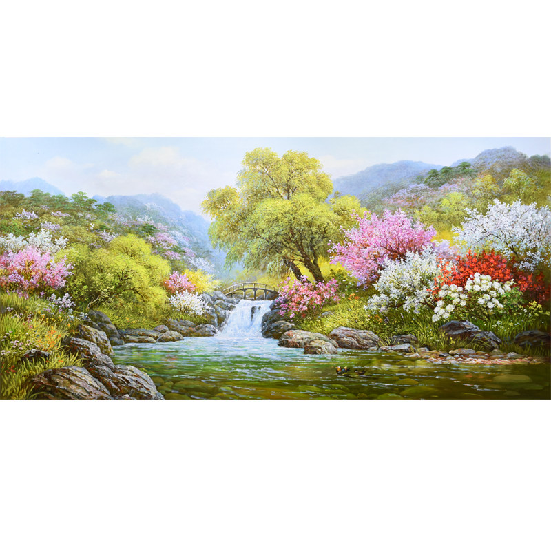 朝鲜风景油画 宽1.6米 方善姬 功勋艺术家《妙香山瀑布》kx405