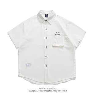 外套半袖 WHXS刺绣白色短袖 纯棉宽松日系cityboy工装 男夏季 潮 衬衫