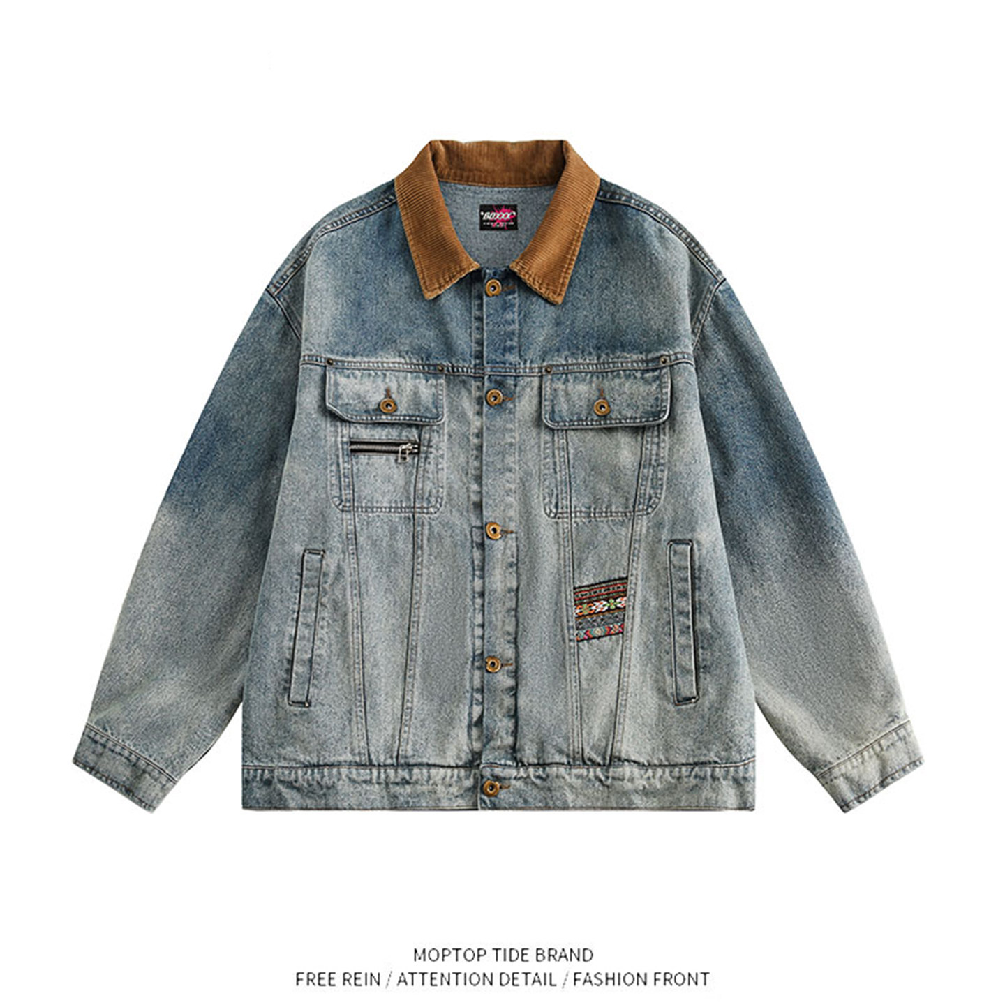 WH先生美式复古水洗磨白牛仔外套男女撞色拼接翻领春款情侣夹克