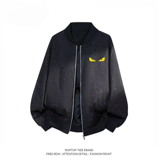 WH先生港式潮流立领拉链夹克男春秋宽松飞行员外套青年百搭