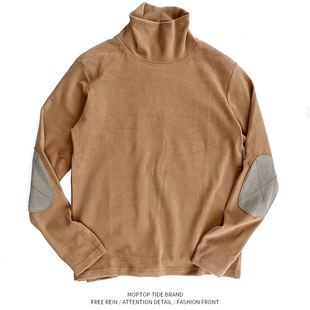 WH先生双面绒男修身打底衫薄毛衣补丁贴布加厚纯色高领长袖T恤