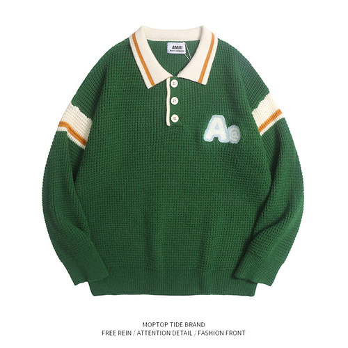 字母polo领针织粗针毛衣男女秋冬