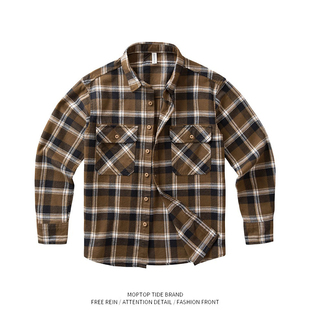 美式复古阿美咔叽男士宽松落肩磨毛衬衣加厚休闲长袖格子衬衫