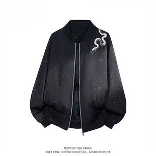 WH先生港式复古满天星印花夹克男宽松百搭翻领拉链棒球服潮流外套