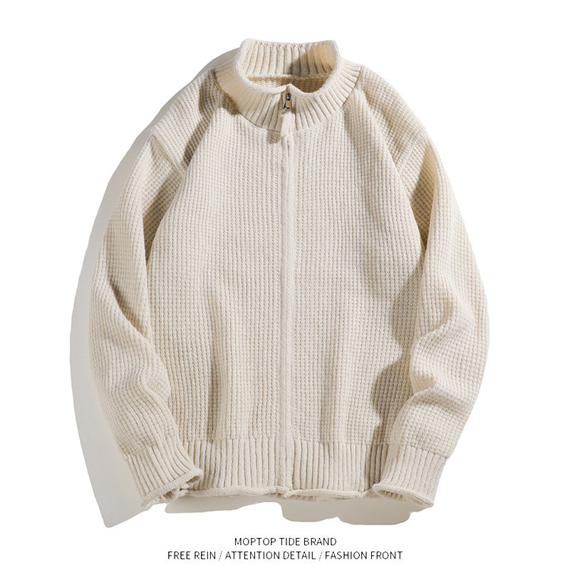 WHXS秋冬半高领毛衣男生高级感开衫外套男韩系纯色宽松拉链针织衫