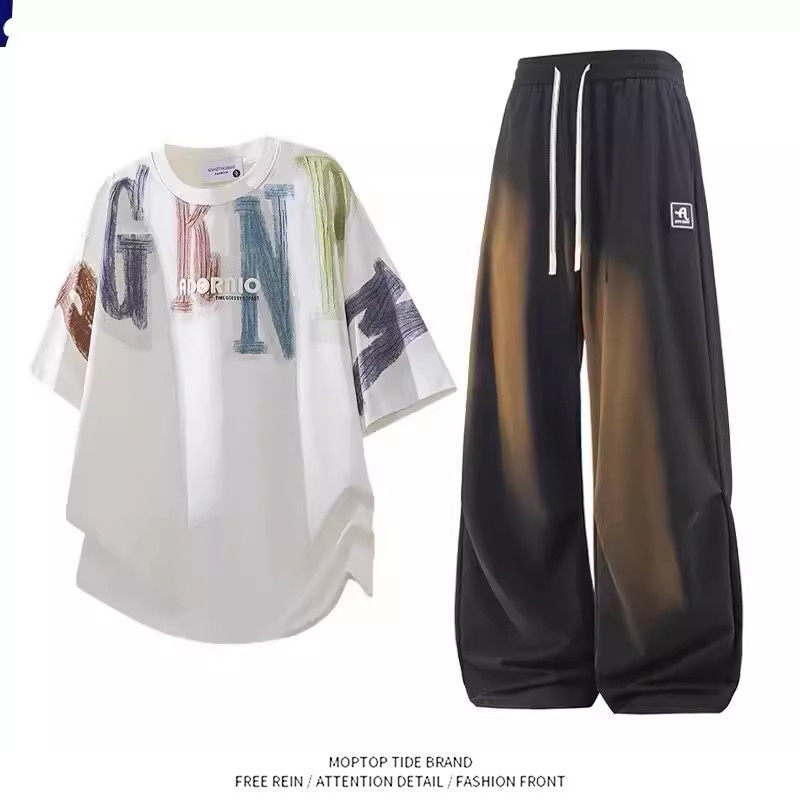 美式高街短袖T恤短裤休闲套装男夏季潮牌大码宽松搭配衣服两件套