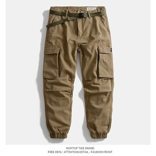 美式咔叽风纯棉男装休闲春秋修身小脚裤工装裤多口袋小直筒裤长裤