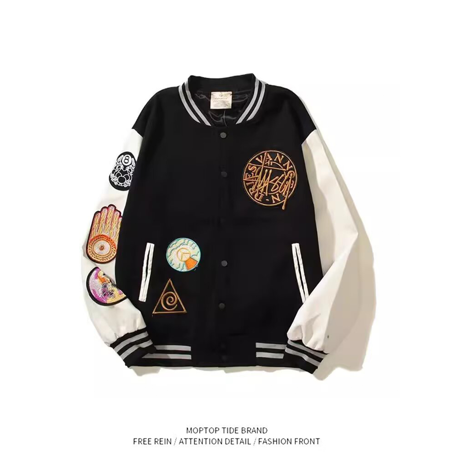 WHXS日系时尚百搭龙凤尼拼皮棒球服潮流流行气质简约新款ins慵懒