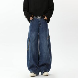 美式复古弯刀牛仔裤男女春秋款高街设计感宽松显瘦阔腿镰刀长裤