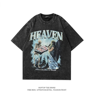 欧美亚比风天印花水洗做旧短袖体恤夏季重磅美式高街潮牌百搭上衣