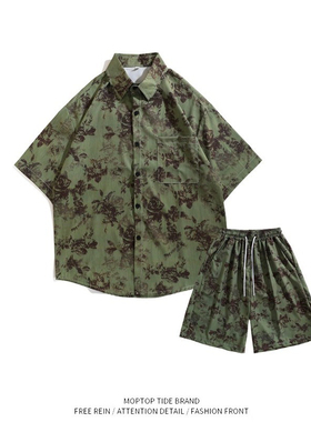 WH先生夏季薄款墨绿色短袖衬衫男女宽松抽绳松紧短裤小众休闲套装