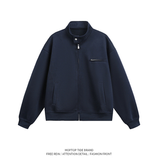 WH先生复古潮牌重磅拉链立领卫衣外套男女美式 宽松boxy休闲夹克