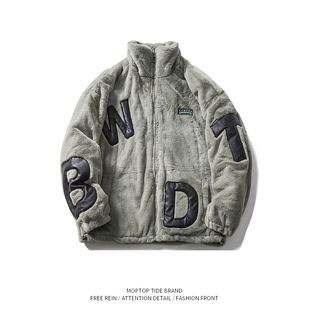 WH先生街头复古字母拼接羊羔毛立领棉衣男潮牌宽松情侣保暖外套