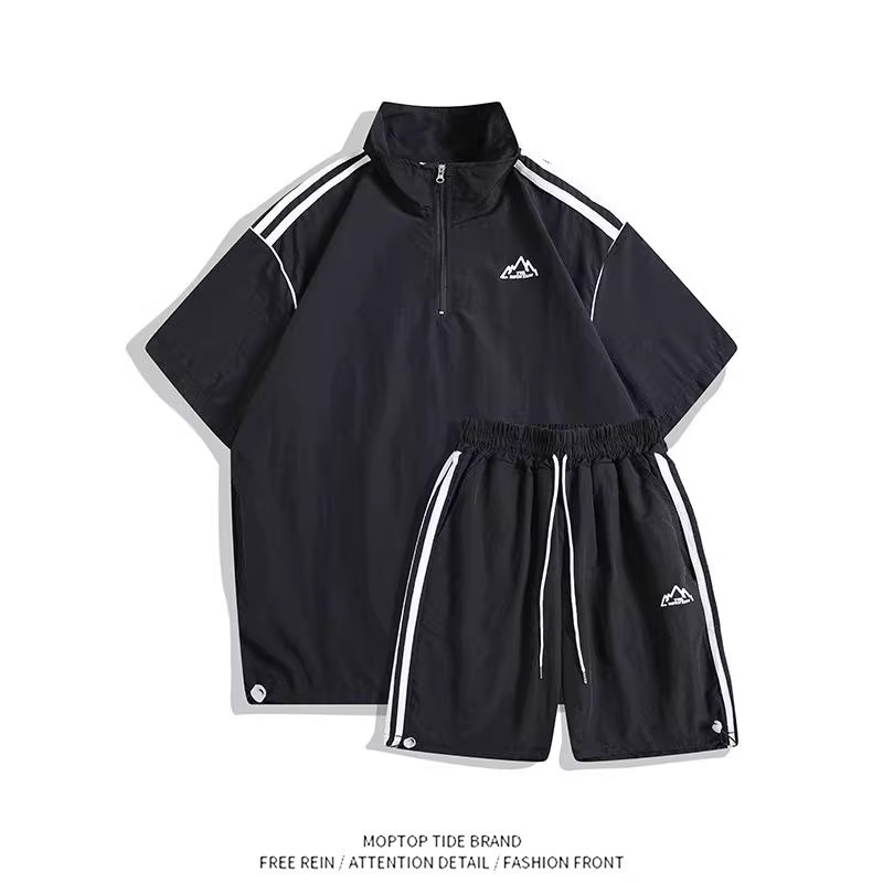 2026美式夏季大码休闲侧条纹短袖短裤运动服纯色时尚两件套装女