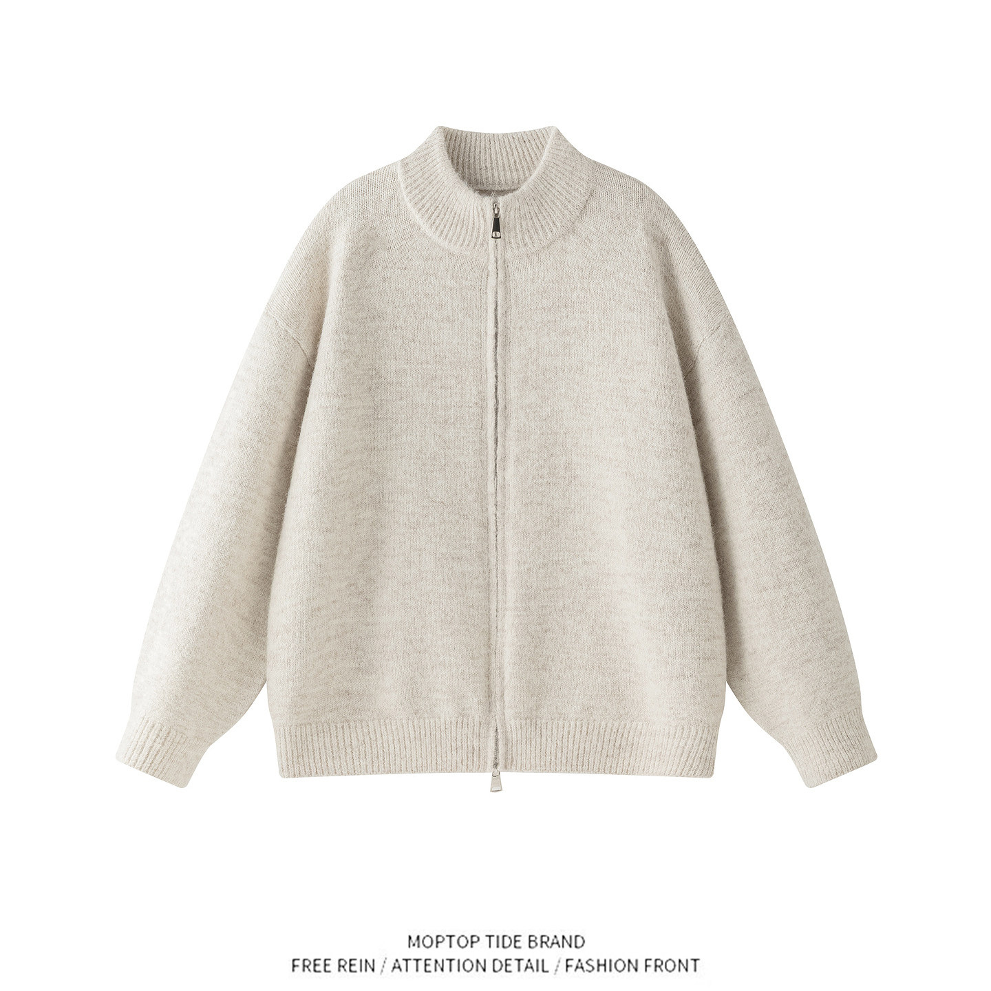 WHXS复古老钱风纯色双拉链立领毛衣男秋季宽松情侣针织衫外套