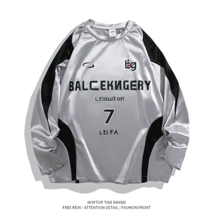 WH先生美式复古球衣解构拼接撞色字母印花运动银色长袖T恤男女款