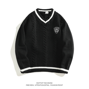 WHXS日系学院风V领针织衫男女秋冬复古宽松慵懒百搭情侣休闲毛衣