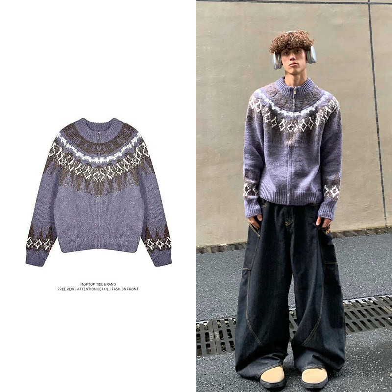 WHXS美式复古花纹秋冬圆领双拉链立领针织衫毛衣开衫外套男女