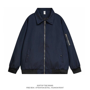 WH先生春秋季藏蓝色机车工装夹克纯色翻领飞行员外套男女上衣