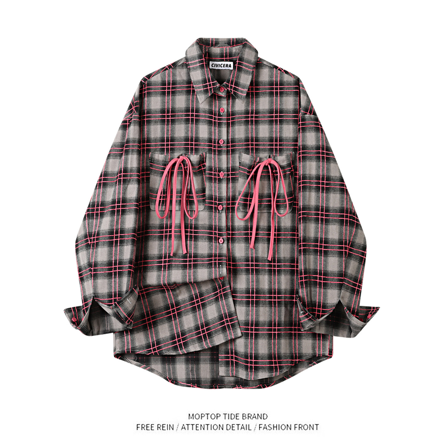 WH先生设计感时尚减龄系带格纹衬衫上衣女春季宽松复古百搭衬衣