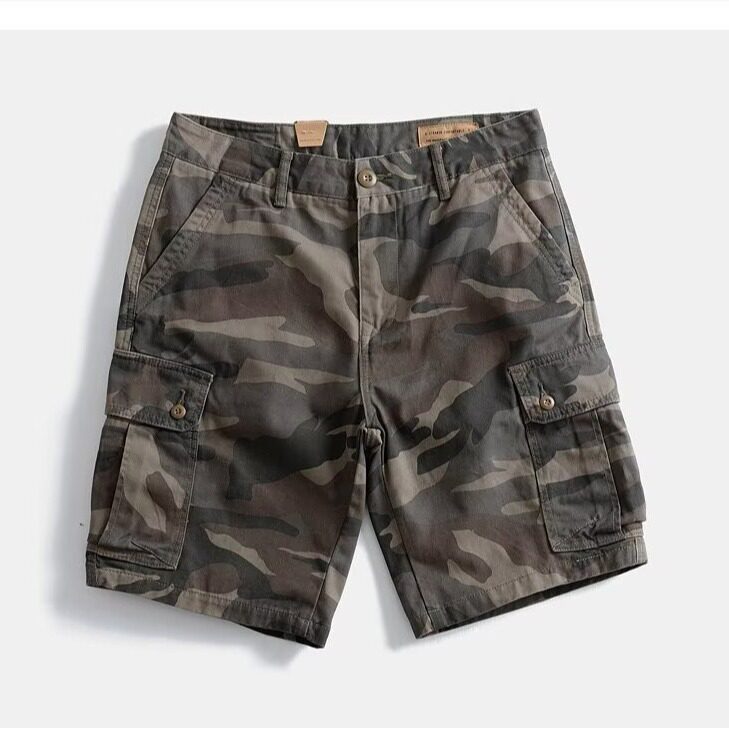 thumbnail for European and American Retro Washed Multi-Pocket Camouflage Cargo Shorts for Men, Loose Straight Casual Knee-Length Shorts for Summer