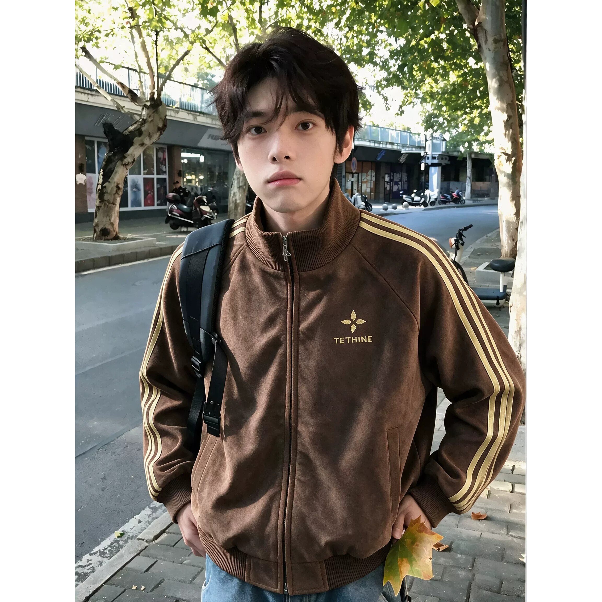美式三条杠麂皮绒卫衣男女秋季复古撞色立领外套痞帅短款夹克男款