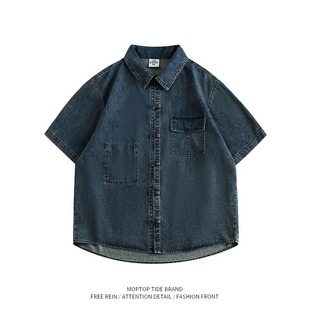 WH先生夏季日系复古水洗工装短袖牛仔衬衫男女宽松新中式半袖衬衣