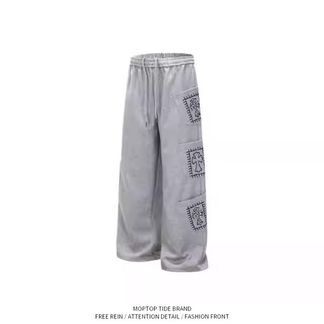 WH先生美式复古多口袋卫裤男女宽松直筒灰色运动休闲裤抽绳阔腿裤
