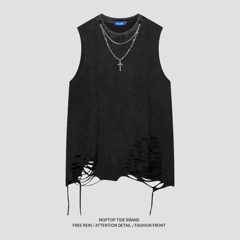美式高街水洗复古潮牌坎肩无袖背心男T恤宽松下摆破洞叠穿打底衫