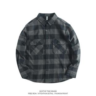 女款 复古格子衬衫 中性重磅软做旧口袋工装 长袖 男 WH春季 衬衫 美式