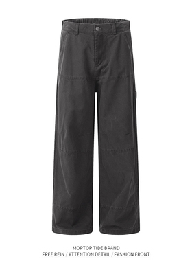 WH先生 美式直做旧军绿色工装牛仔裤复古宽松阔腿水洗休闲长裤潮