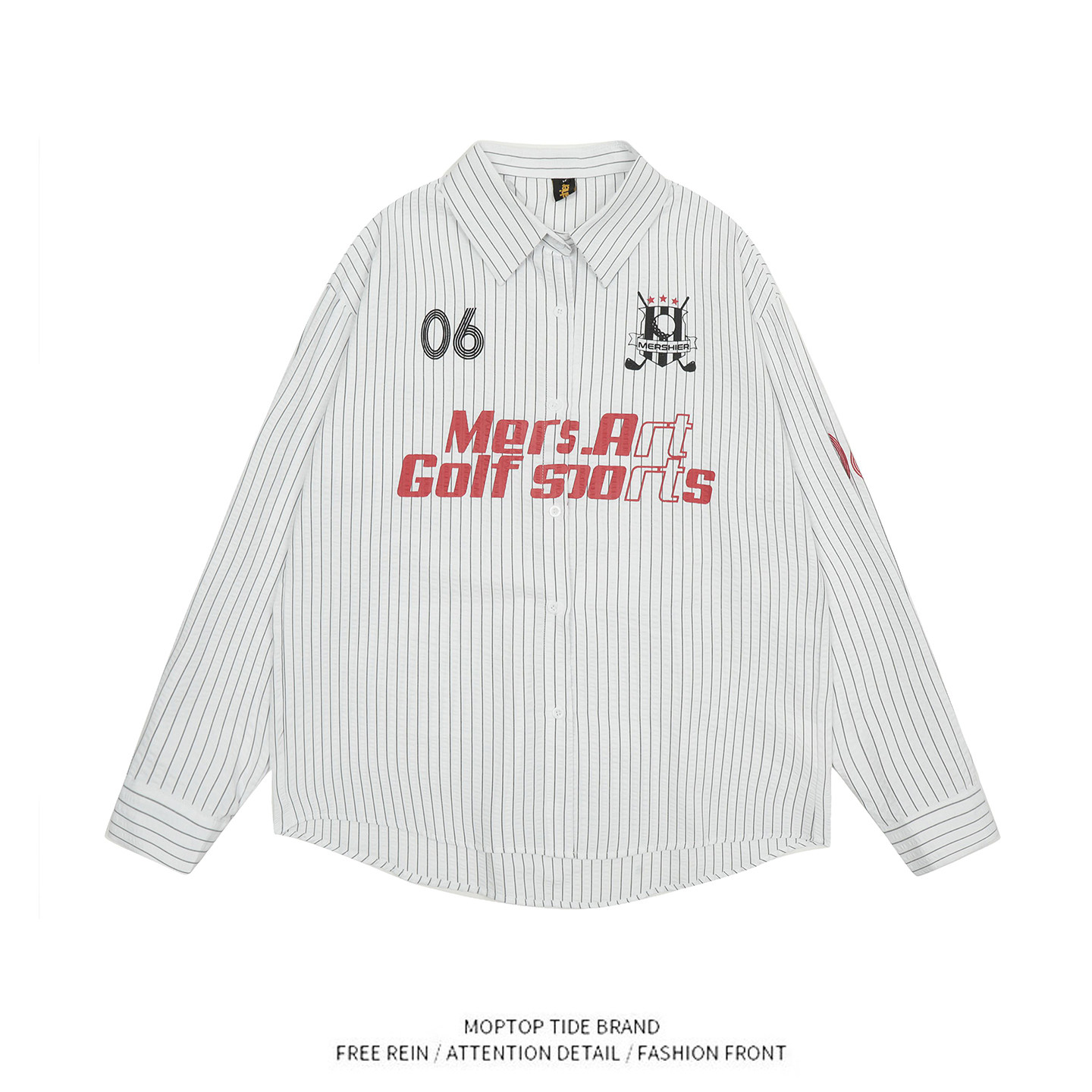 WH先生美式复古字母印花条纹长袖衬衫男女小众肌理感宽松上衣潮