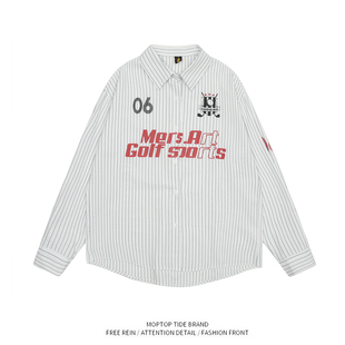 WH先生美式复古字母印花条纹长袖衬衫男女小众肌理感宽松上衣潮