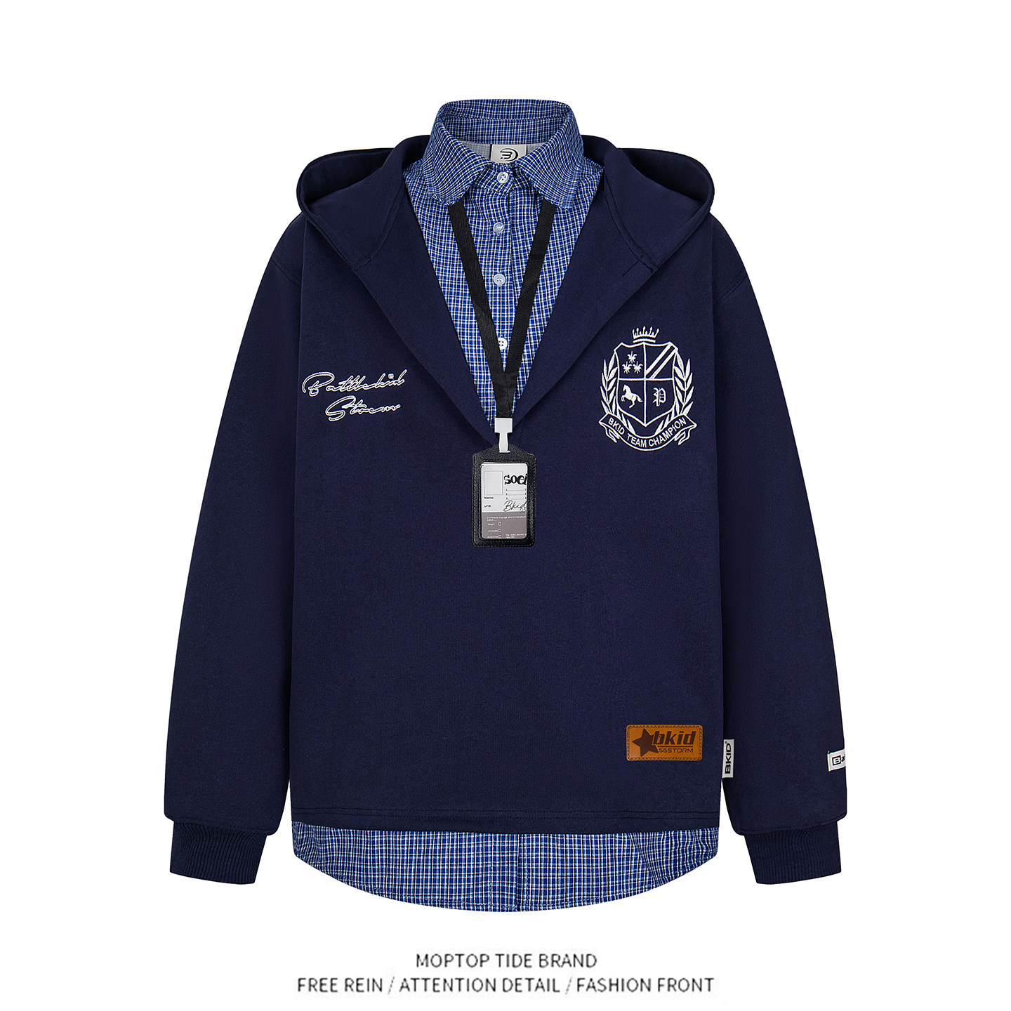 WH先生美式复古格子假两件衬衫拼接连帽卫衣男女学院风外套